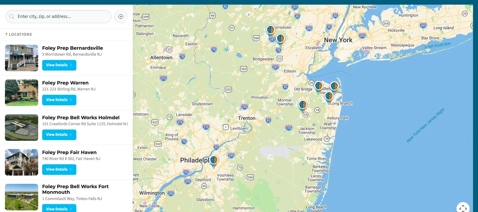 Foley Prep's locations page: an interactive map and cards for seven New Jersey centers