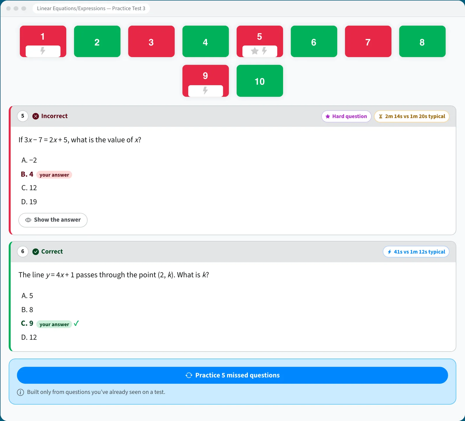 Question-level detail for one topic, with correct and missed questions and a Practice missed questions button