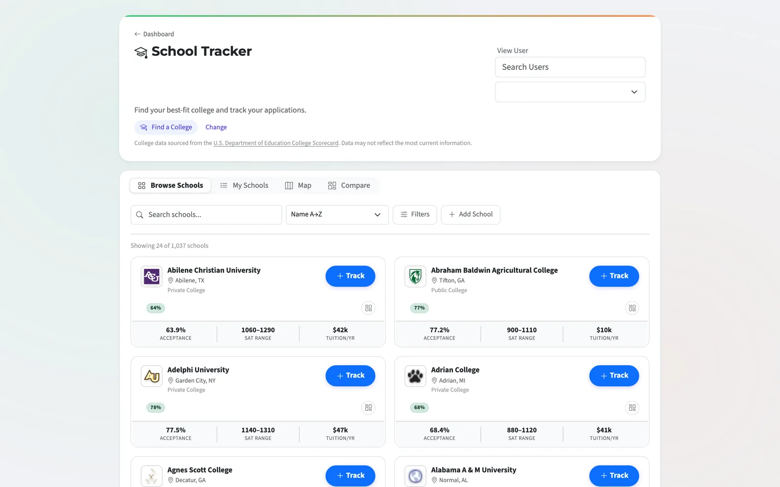 Scorgi School Tracker browsing 1,037 colleges with acceptance rate, SAT range, and tuition
